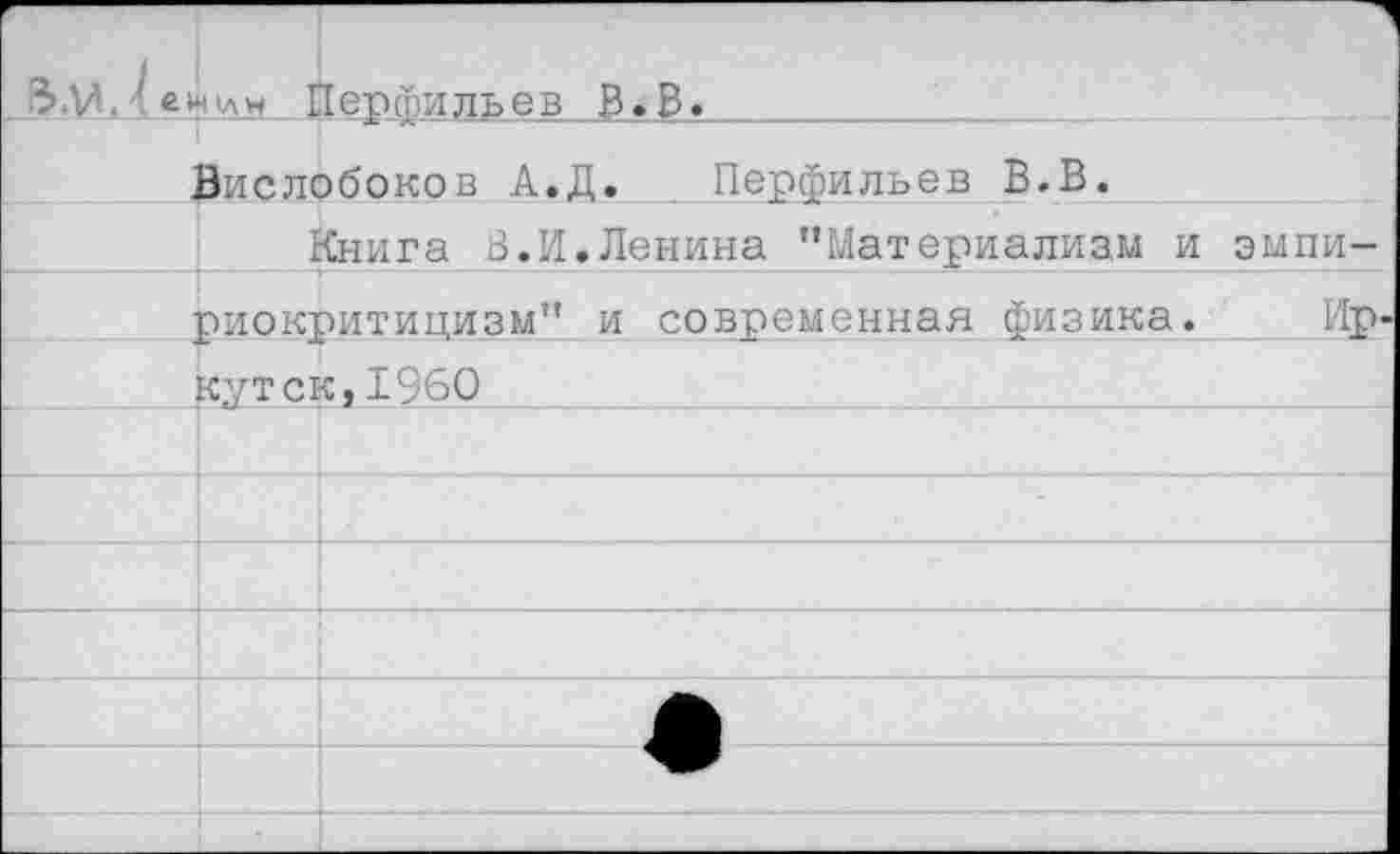 ﻿Г	 Перфильев В.В.		
	Эислобоков А.Д. Перфильев	в.в.
	Книга В.И.Ленина ’’Материализм и эмпи-	
	оиокритипизм” и современная	физика.	Ир-
	кутск,1960	
		
		
		
		
		
		
		